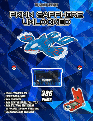 Pokemon Sapphire- All 386 Authentic Pokemon, Max Items and Money